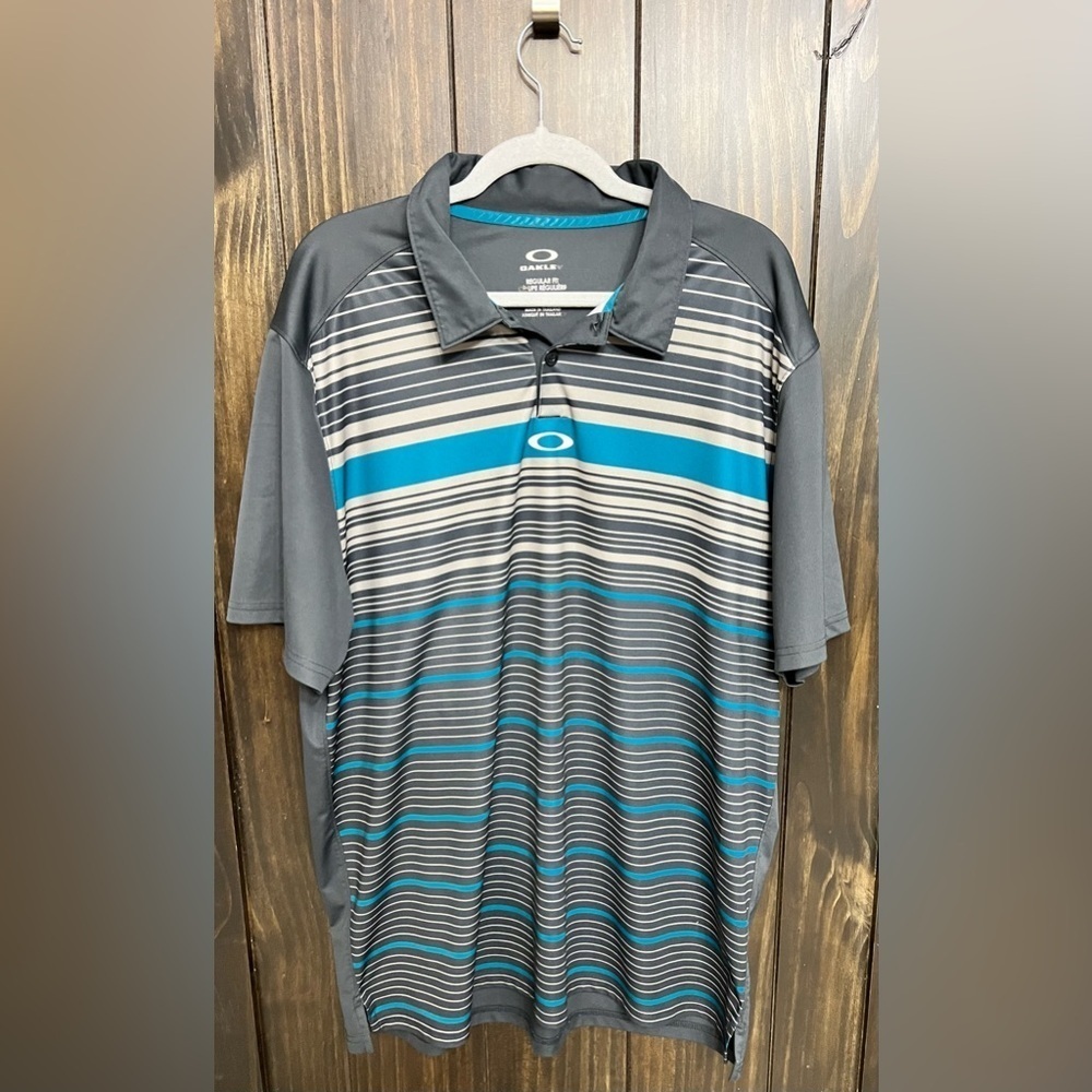 Oakley Gray and Blue Striped Performance Polo Golf Shirt - Picture 3 of 8